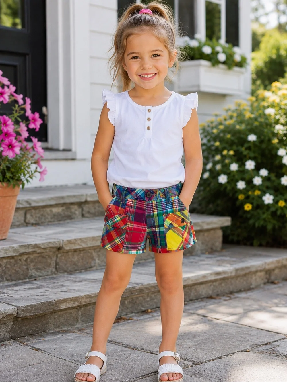 Ralph Lauren Patchwork Madras Plaid Cargo Shorts-Girls